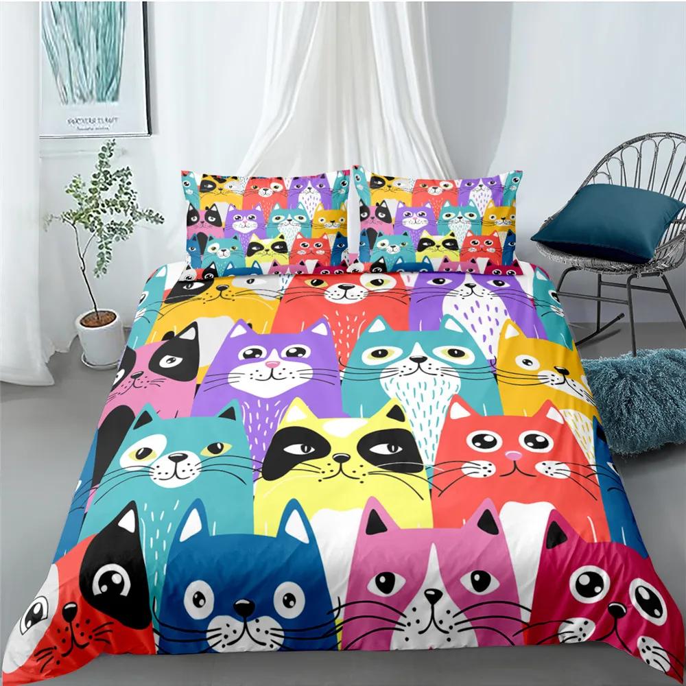Carton Cat Soft Duvet Cover Set for Children Kids Girl Microfiber Kiten 2/3pcs Carton Animal Beding Set Single Twin Quen King Comfortable Quilt Cover