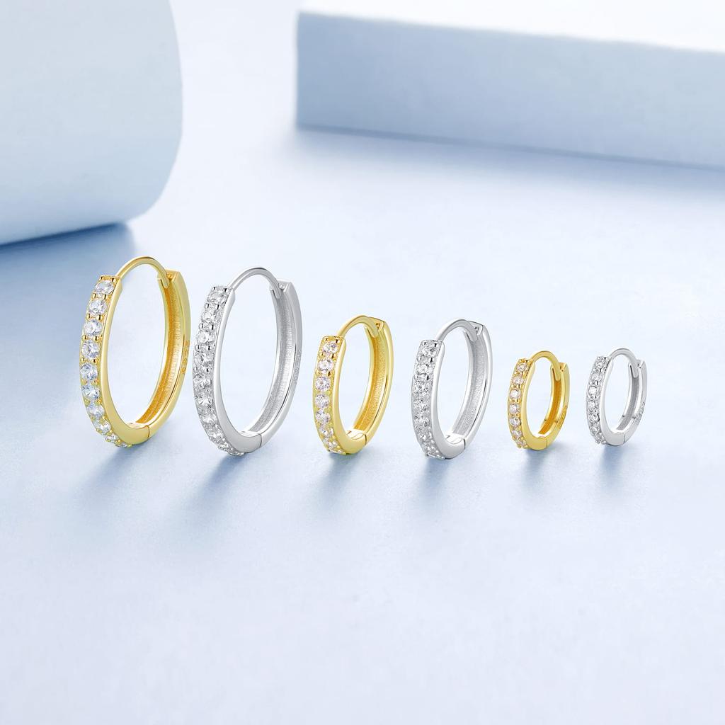 Gold-plated Classic Hoop Earrings with Crystals and Silver Clasps, Size L