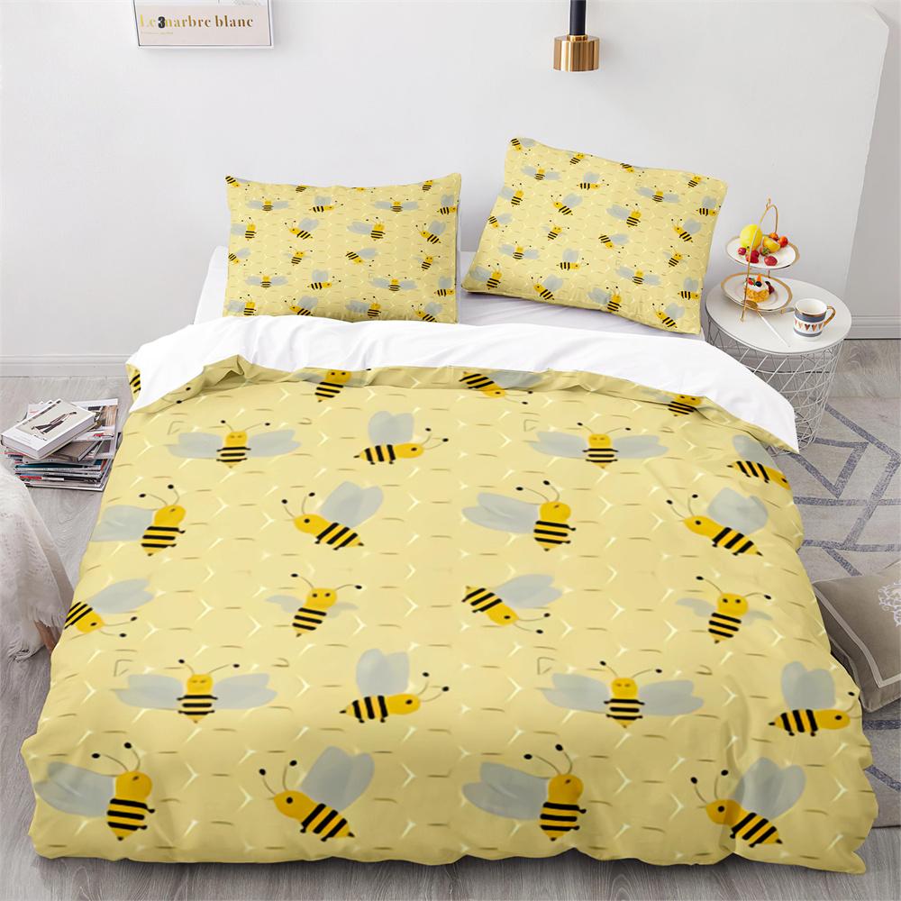 Bee Duvet Cover Set Watercolour Painting Cartoon Cute Wildlife Comforter Cover King Queen for Kids Girl Polyester Bedding Set