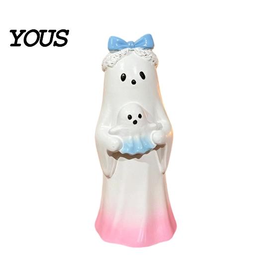 Spooky Sweet Holiday Accents Halloween Cute Ghost Ornament, Resin Figurines with Cake/Cookie Decorative Crafts for Design Desktop Fireplace Home Party