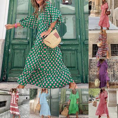 Frauen Blumendruck Böhmisches Langes Kleid Lose V-Ausschnitt Mode Sommer Strandkleid