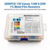 2600pcs Metal Film Resistors Assorted Pack 130 Values 1/4W 0.25W 1% Fixed Resistor Kit Set for Electronics DIY Projects