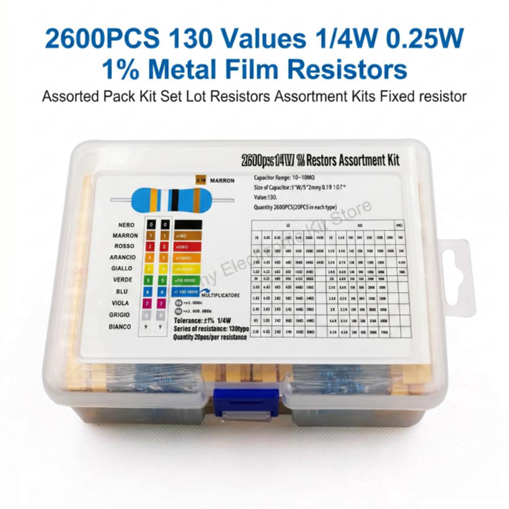 2600pcs Metal Film Resistors Assorted Pack 130 Values 1/4W 0.25W 1% Fixed Resistor Kit Set for Electronics DIY Projects