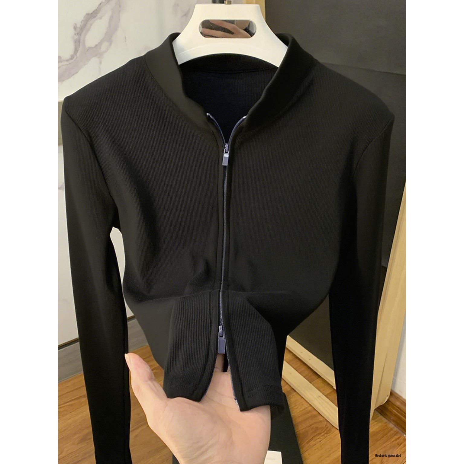 Women s Slim Fit Double Zipper Stand Collar Long Sleeve Cardigan - Spicy Girl Autumn/Winter Sport Casual Top S чёрный
