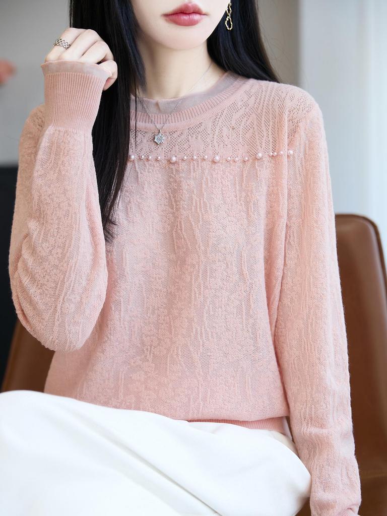 Lace Bead-Embellished Wool Sweater with Loose Comfortable Fit and Exquisite Lace Design for Fall/Winter Versatile Style