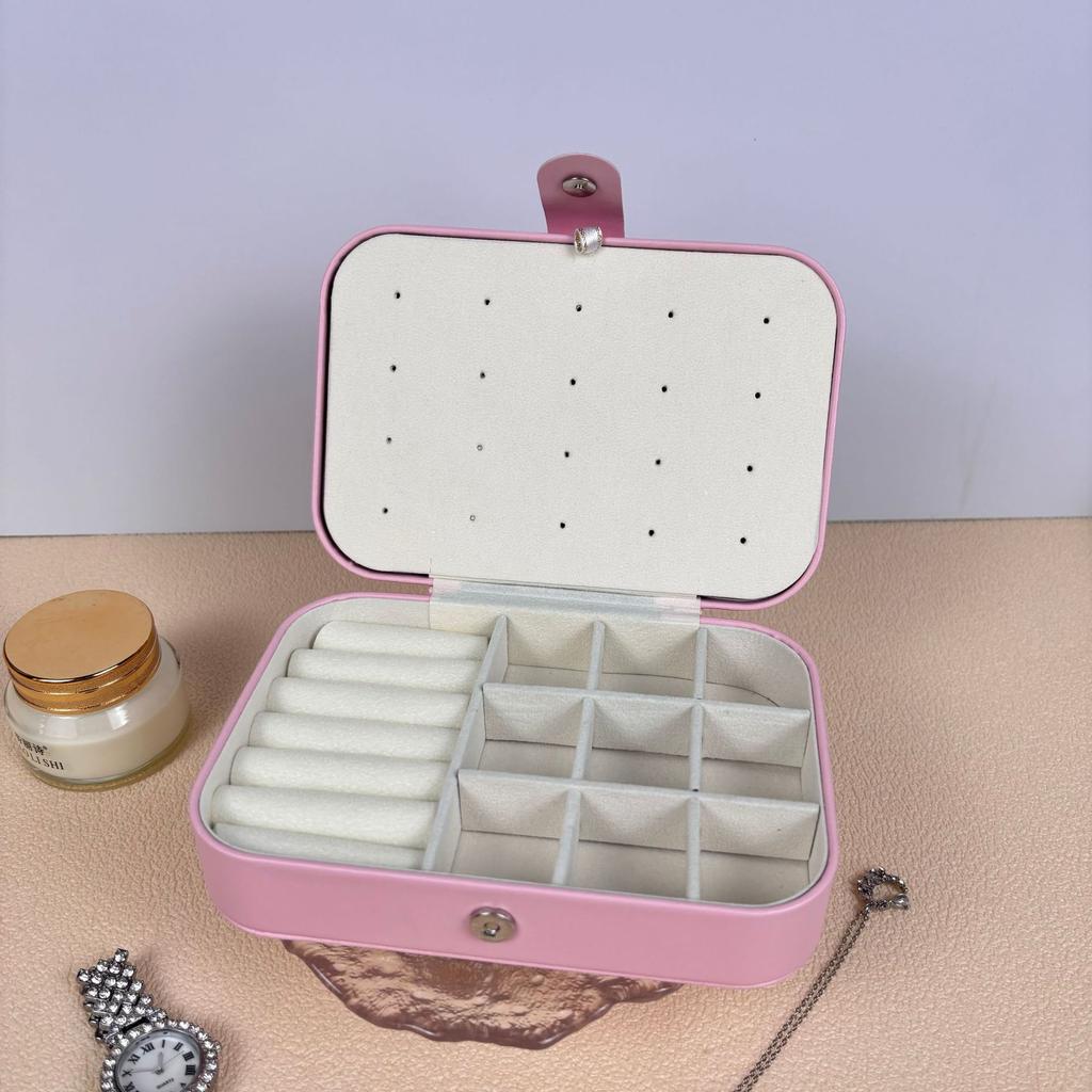 Travel Jewelry Storage Box with Mirror Solid Color Simple Earrings Ring Necklace Jewelry Box Double Layer Household Jewelry Box