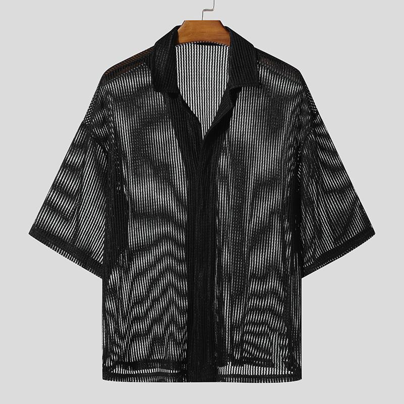 

INCERUN Мужские футболки оверсайз с коротким рукавом, сетчатые с прорезями, прозрачные, со строчкой 5XL