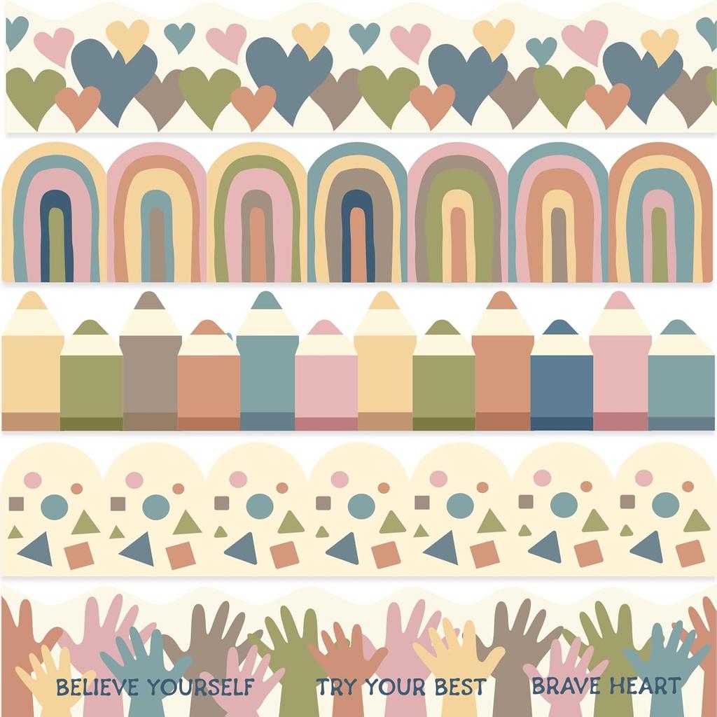 Bulletin Board Borders Classroom, Boho Board Stickers Colorful Heart Rainbow Bulletin Board Scalloped Decorations for Blackboard, Chalkboard, Walls,