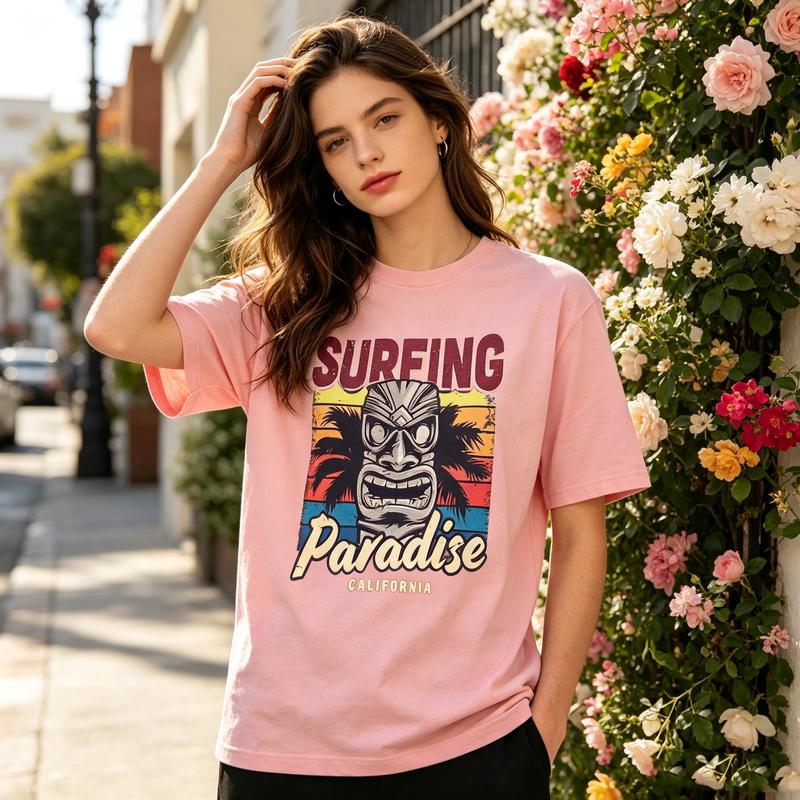 Surfing Paradise California Tiki Mask Palm Tree Vintage Graphic T Shirt Unisex Unisex Cotton Short Sleeve Tee Beach Surf Casual