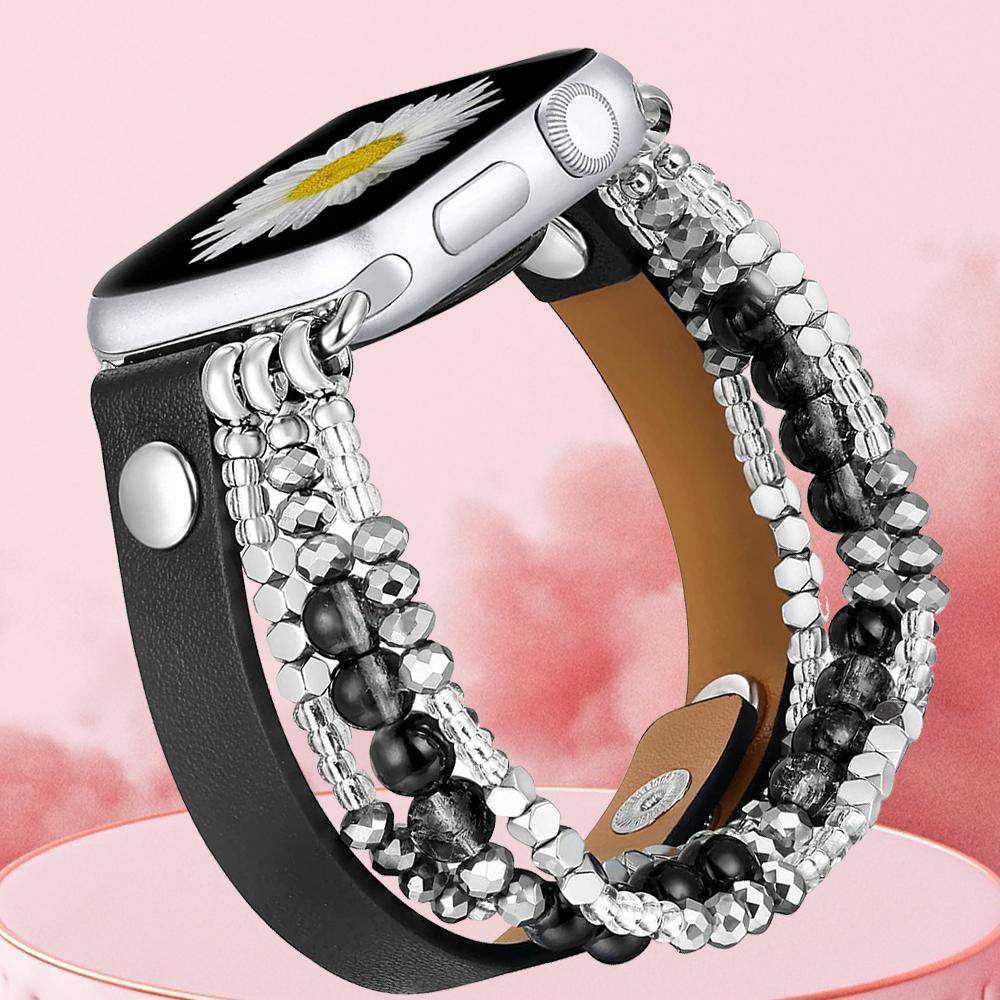 

Кожаный ремешок для Apple Watch Series 10 42 мм 46 мм Band 40 мм 38 мм 41 мм женский эластичный браслет с бусинами Iwatch Ultra 49 мм 9 8 7 6 SE 5 4 3 45 мм 44 мм Series10 46mm чёрный