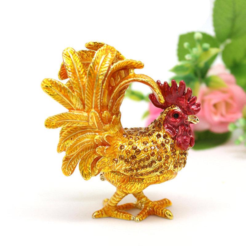 Metal Craft Enamel Jewelry Box, Handmade Crafts, Home Decor, Golden Rooster Trinket Box Gift for Friend Ornament for Counter