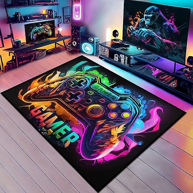 3D Neon Gaming Controller Carpet Full Coverage Rug Mat for Home Decoration Glowing Joystick Pattern Gaming Room Floor Decor