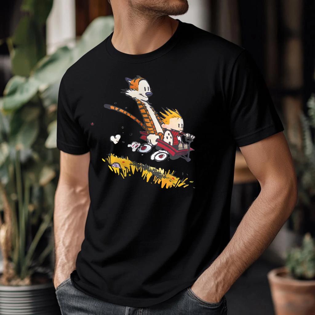 Retro Cartoon Boy And Tiger T-shirt Wagon Ride Graphic Aesthetic Comic Gift Tee