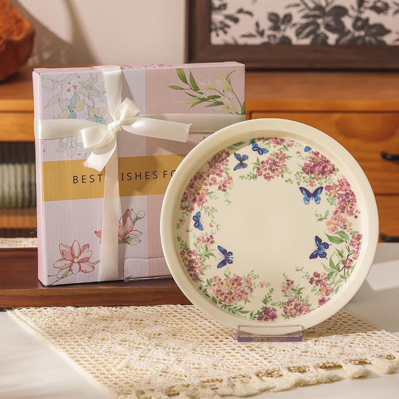 Retro Crape Myrtle Flower Ceramic Tableware Set High Value Dish Set Household Vegetable Plate Soup Plate Rice Bowl Soup Gift