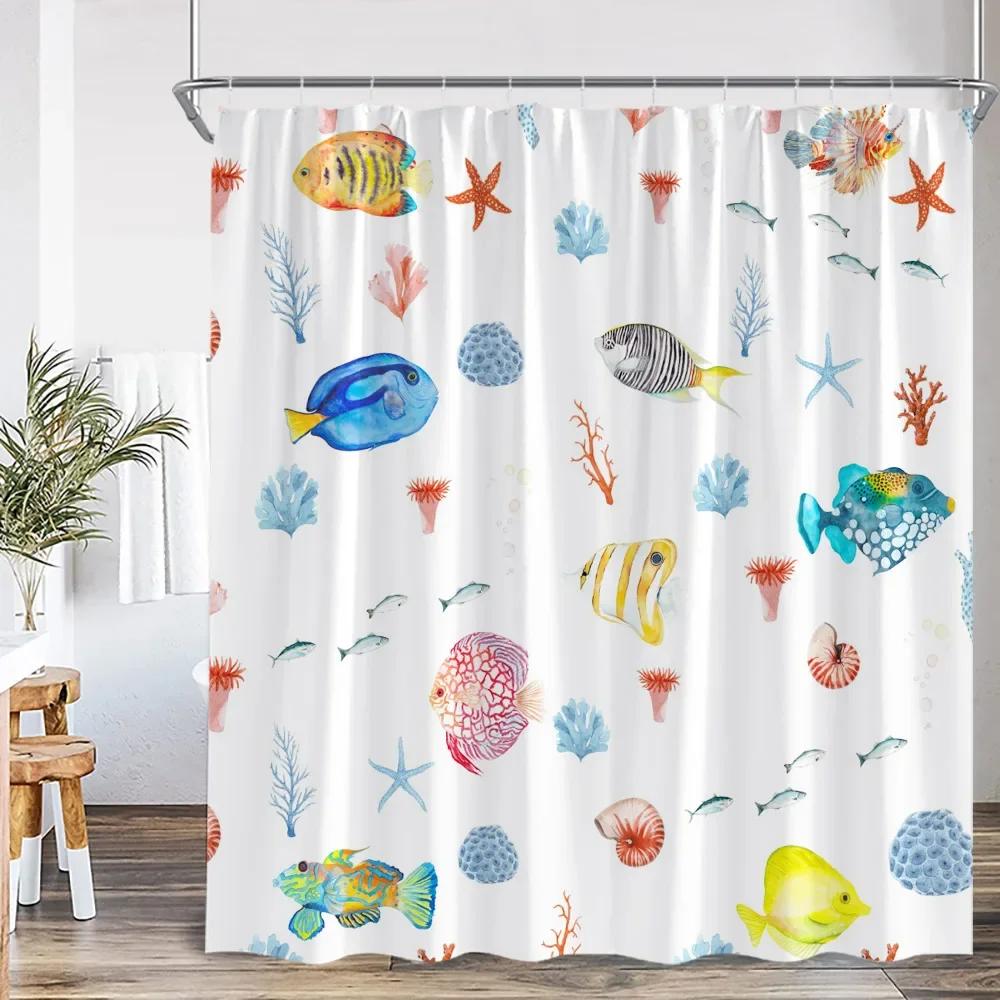 Nautical Cartoon Shower Curtain Tropical Fish Starfish Shell Seaweed Coral Underwater Bathroom Decoration Polyester Bath Curtain