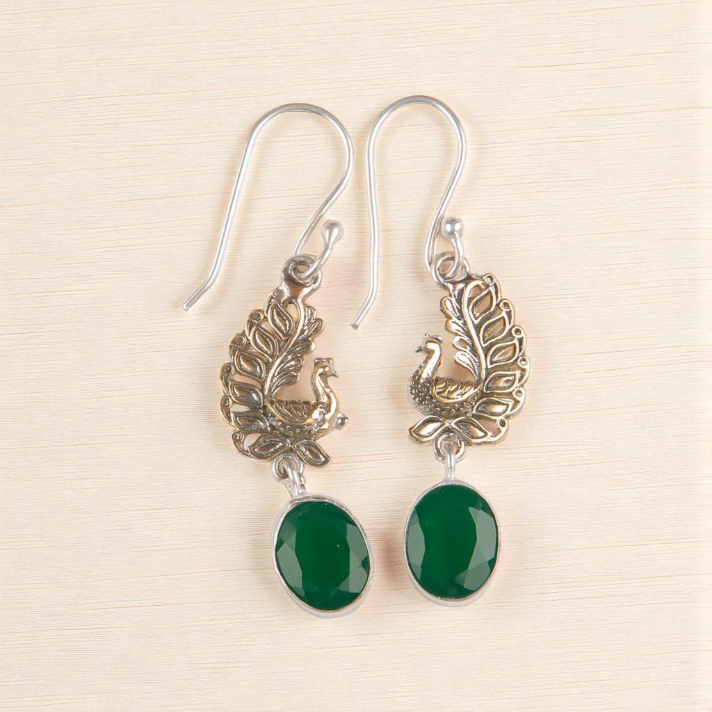 Green Onyx Gemstone 925 Sterling Silver Jewelry Handcrafted Women Earrings 1.8" EE-88-13
