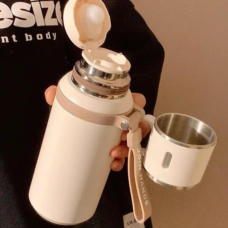 1PCS Stainless Steel Insulated Bottle with Cup Lid Rope Handle Office Home Portable Thermos Cup Outdoor Kettle Coffee Cup