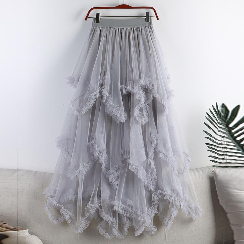 Gonna Lunga in Tulle Tutù per Donna Estate Estetica Coreana Carina Rete Irregolare Vita Alta Maxi Gonna Femminile