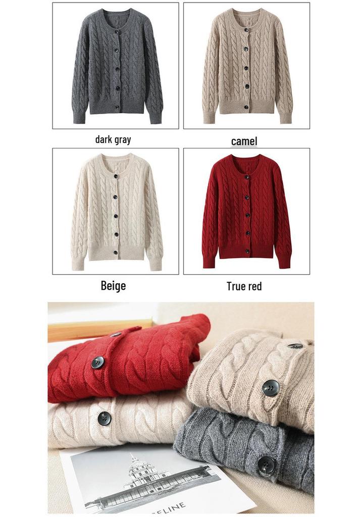 Women's Thickened Round Neck Cable Knit Cardigan - 100% Mercerized Wool, Autumn/Winter, Loose Fit