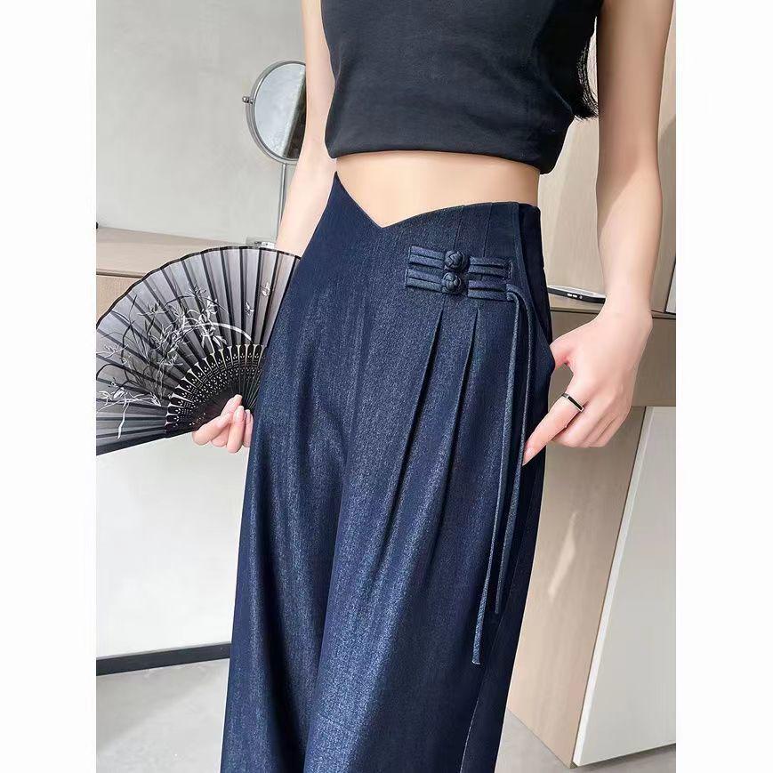Women's National Style Tencel Button-Up Wide-Leg Jeans - 2026 Summer Slim Straight Casual Pants