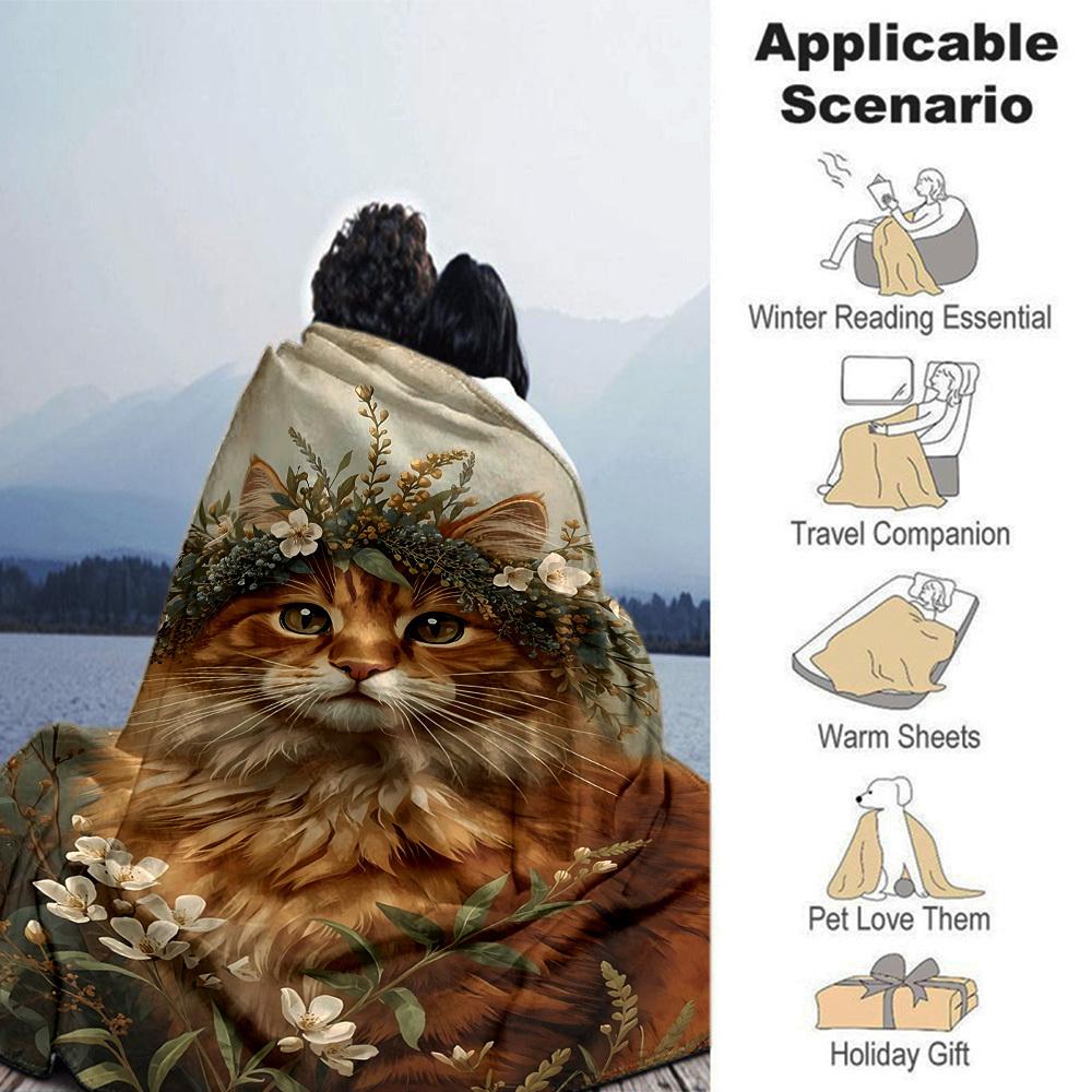 1pc cat flowers blanket Lightweight Flannel Throw for Sofa Bed Travel Camping Livingroom Office Couch Chair