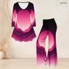 Set de damă mărimi mari, cu decolteu în V, mânecă trei sferturi, imprimeu roz și violet, top evazat și pantaloni evazați, set din două piese