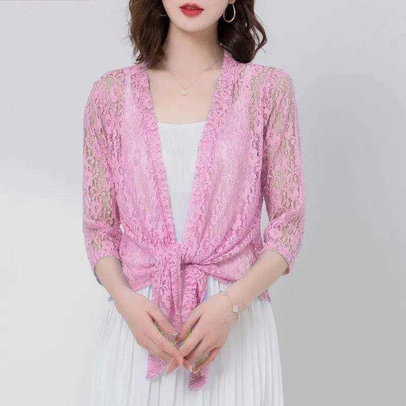 

Летний тонкий кардиган, женский короткий стиль с солнцезащитным кремом, шаль, кружевная шаль, повседневная однотонная рубашка M розовый