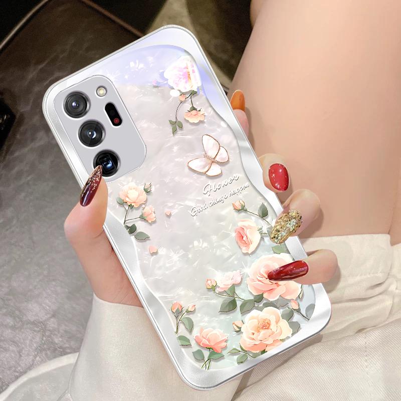 Butterfly Shell Pollen For Samsung Galaxy Note 8 9 10 PRO 20 Ultra A01 02 03 Core 04E 4G 12 13 5G Tempering Glass Phone Case