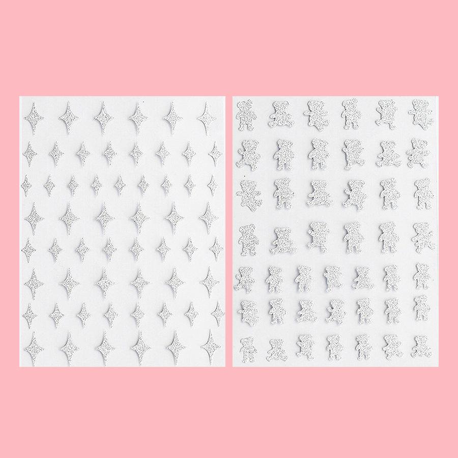 2 Sheets Glitter Silver Nail Stickers, Heart Bear Star Butterfly Designs Decals for Nail Art Decoration
