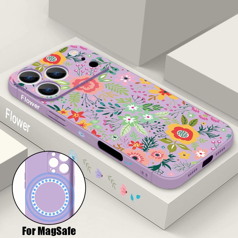 

Floral Case For iPhone 17 Pro Max iPhone 16 15 14 13 Pro Max Magnetic For Magsafe Soft Silicone Phone Back Cover iPhone 16 фиолетовый