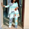 Women Plus Size Round Neck Three Quarter Sleeve Irregular Hem Printed Top Wide Leg Pants Two Piece Set