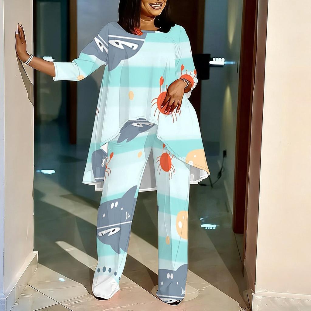 Women Plus Size Round Neck Three Quarter Sleeve Irregular Hem Printed Top Wide Leg Pants Two Piece Set