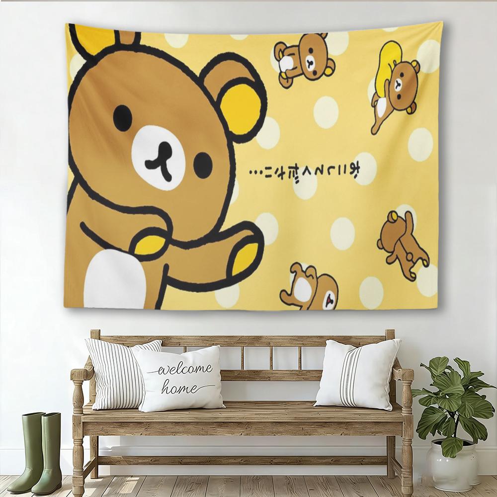 R-Rilakkuma Polka Dot Tapestry, Cute Kawaii Bear Wall Hanging, Soft Yellow Aesthetic Bedroom Dorm Decor, Anime Fan Gift