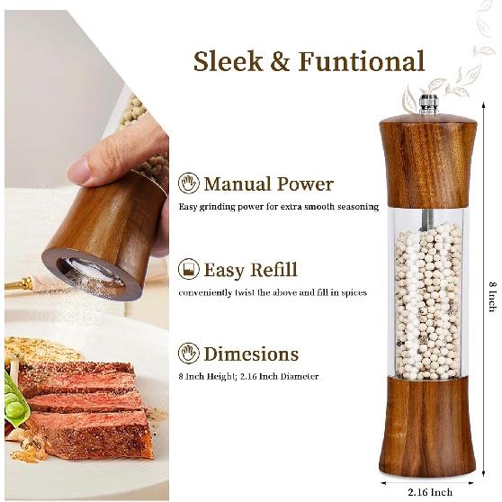 Acacia Wood Premium Acrylic Salt Grinder and Pepper Grinder Set 8 Inches Salt and Pepper Mill Set, Manual Salt and Pepper Mills- Wooden Shakers with