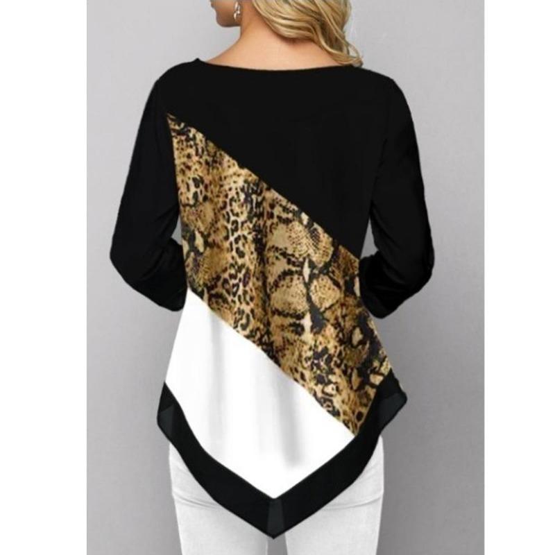 Dames Mode Bedrukt Casual Onregelmatige Zoom Ronde Hals 3/4 Mouwen Plus Size Luipaardprint T-shirt Losse Pullover Herfst Winter Blouse
