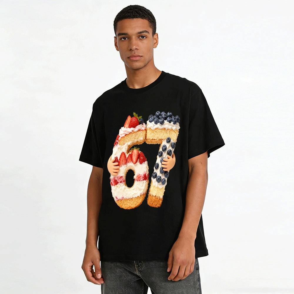 Number 67 Fruit Cream Cake Print Casual Top Pure Cotton T-shirt