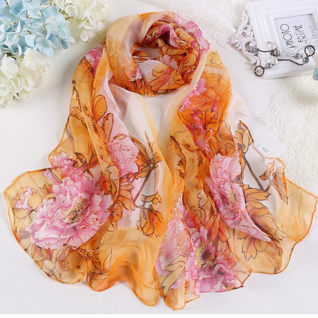 Four Seasons Thin Soft Chiffon Women Peony Flower Printing Beach Silky Georgette Scarf Shawls Long Wraps Beach Sunscreen Hijab