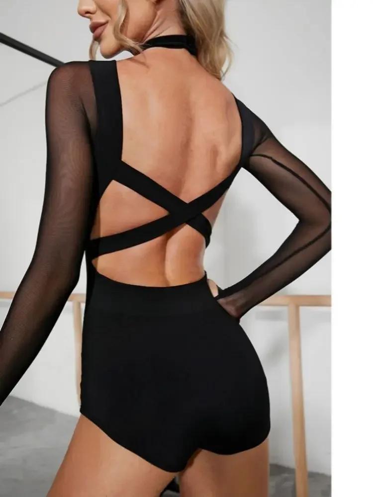 בגד גוף עליון לריקוד לטיני למבוגרים לנשים, אוברול רשת שחור, גב פתוח, צ'ה-צ'ה, סמבה, גוף מאוחד, תלבושת ביצועים לאימון