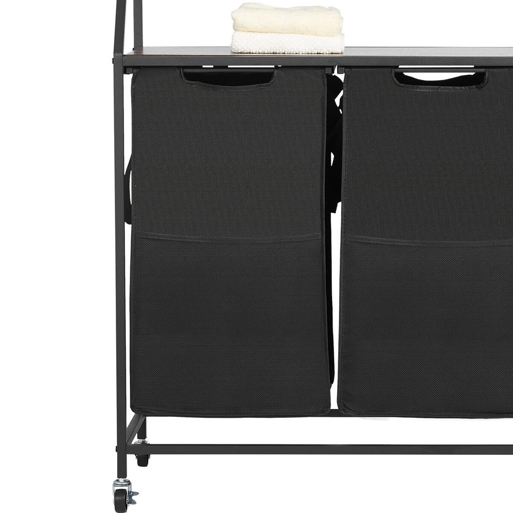 2 Tiers Laundry Sorter Tall Laundry Hamper with Wheels and Hooks 2 Section