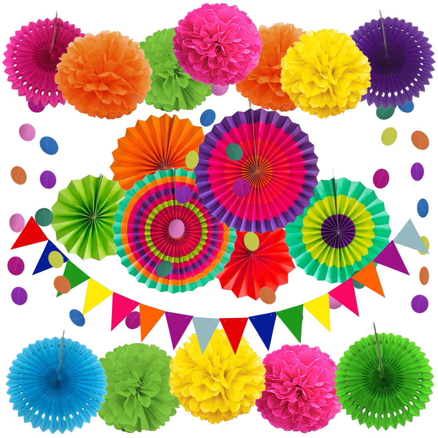 

21 Pcs Paper Fans Bunting Flags Pom Poms Flowers Garland For Christmas Decoration Wedding Baby Shower Birthday Party Room Decor (As shown-19773)-