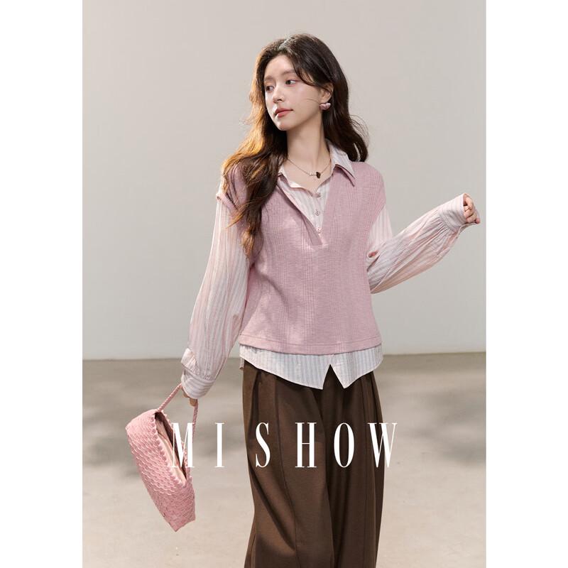 Mishow Women s Faux Two-Piece Striped Knitted Patchwork Shirt M