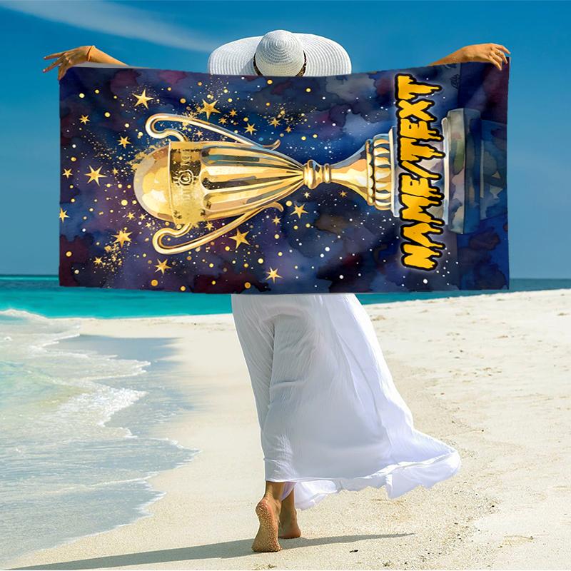1PC Custom Name Golden Trophy Celebration Beach Towel Highly Absorbent And Sand-Resistant Towel for Swimming, Pool, Yoga, And Travel Lightweight
