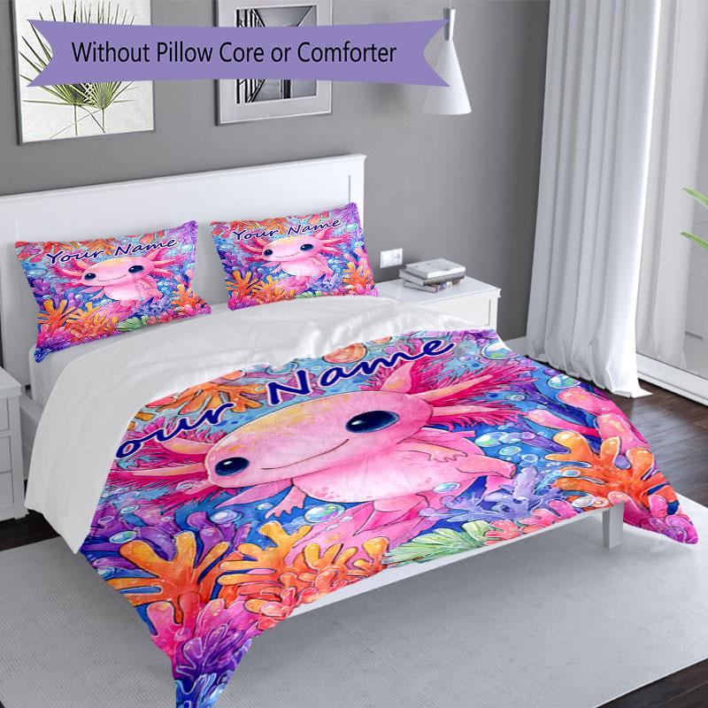 3PC Custom Name Axolotl Coral Reef Bedding Set Duvet Cover Closure Includes 1 Duvet Cover & 2 Pillowcases for Bedroom