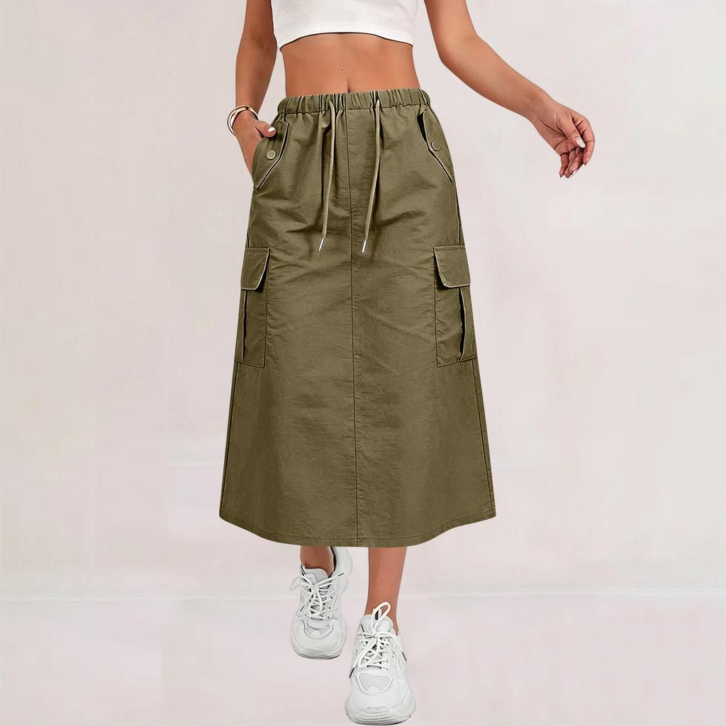 Women's Casual Long Cargo Skirt with Drawstring Waist and Pockets Lightweight Comfortable Workwear Style Skirt for Everyday Use