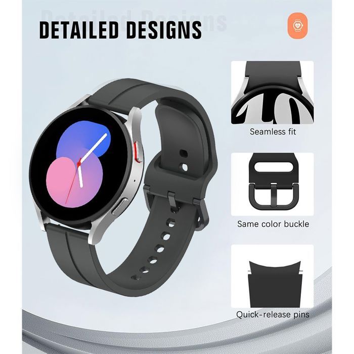 Bracelet pour Samsung Galaxy Watch 7/6/5/4/3 40mm/42mm/43mm/44mm/45mm/46mm, Boucle Réglable Silicone Souple - Noir