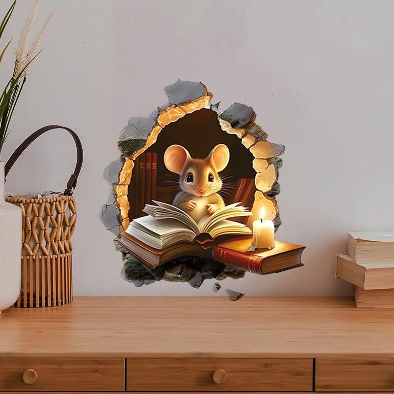 Creative Cartoon Mouse Reading Book in Mouse Hole Wall Sticker Self-Adhesive Removable for Kids Room Study Room Classroom Home Decor Art