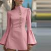 Women's Fashionable Elegance Solid-Colour Long-Sleeved Slim-Fit Stand Collar Bell-Sleeve Suit Dress