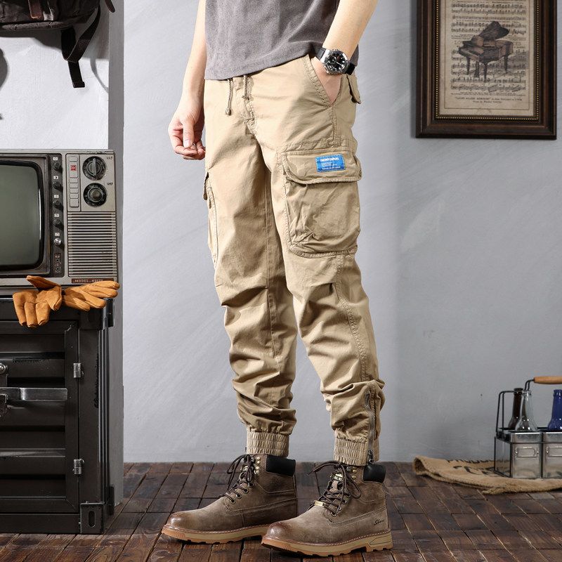 Men's Loose-Fitting Cargo Pants with Pockets, Spring and Autumn New Trendy Casual Long Pants, Versatile Cropped Pants