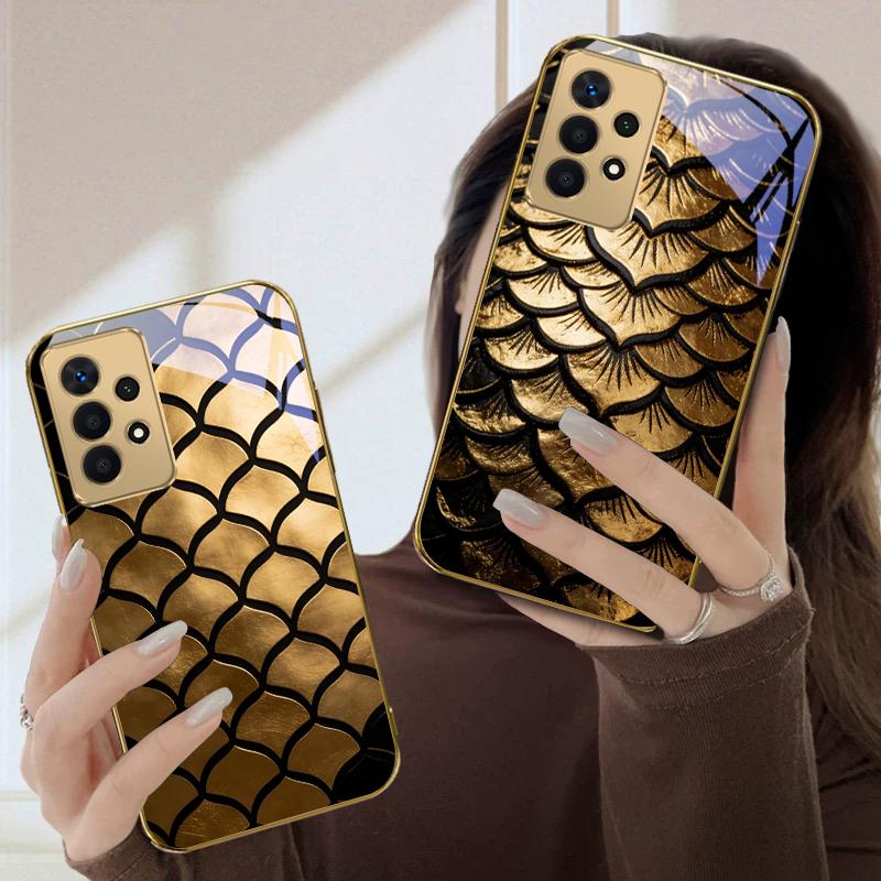 Golden scale texture For Samsung A36 A35 A34 A33 A32 A31 A26 A25 A23 A22 A21s A73 A72 A71 A42 A56 A13 16 Golden glass phone case