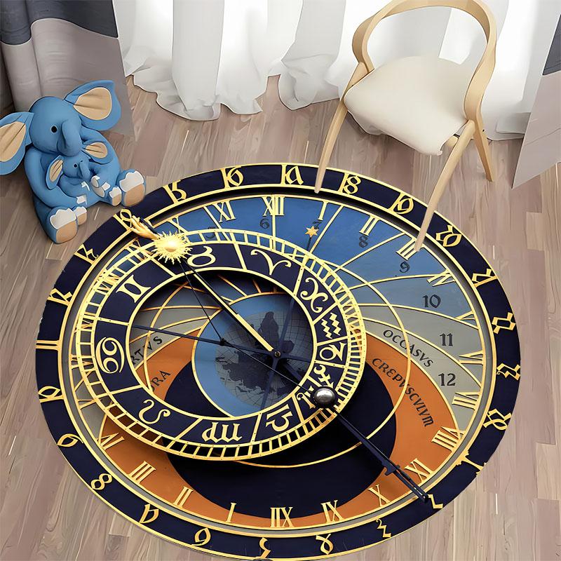Vintage Prague Astronomical Clock Round Rug Medieval Astrology Zodiac Non-Slip Carpet for Gothic Steampunk Home Decor mat